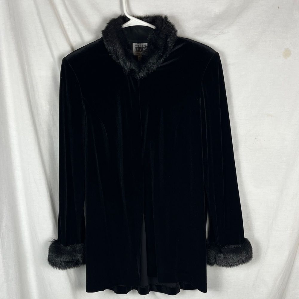 R & M Richards by Karen Kwong Black Velvet and Faux Fur Long Sleeve Cardigan